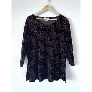 Vintage Notations 1X Velvet Holiday Women's Sparkly Jeweled Blouse 3/4 Sleeve